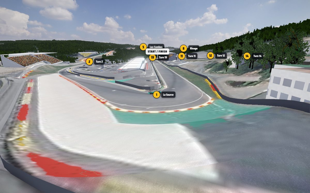 The view from the La Source grandstand at Circuit de Spa-Francorchamps, looking at Turn 1